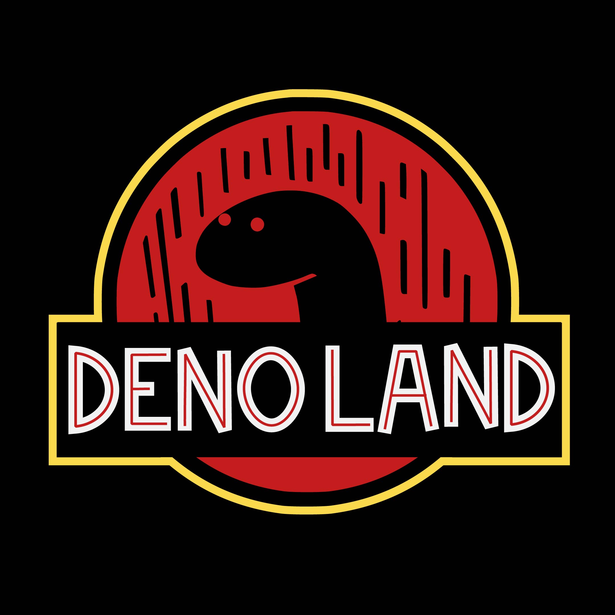 jurassic park themed deno logo in red, yellow, and black