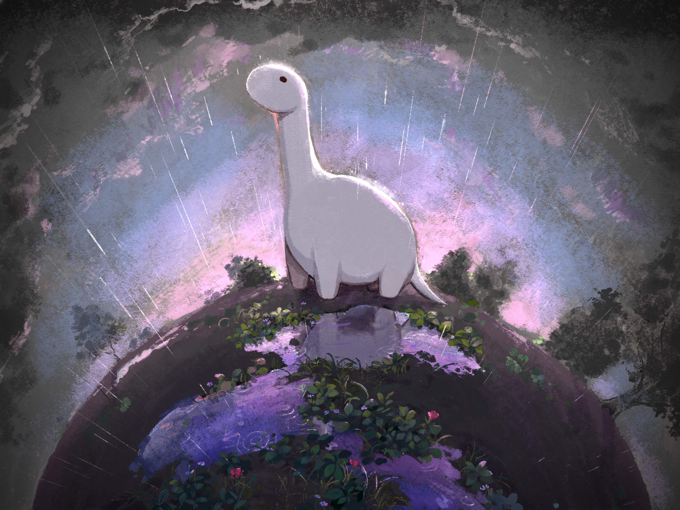 a gloomy scene with a white dinosaur standing in the rain on a purple planet